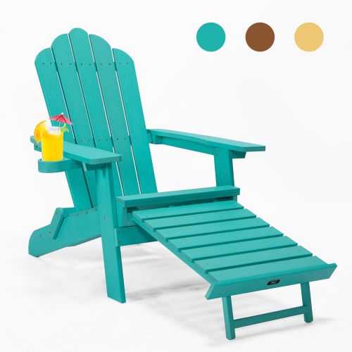 TALE Folding Adirondack Chair With Pullout Ottoman With Cup Holder, Oaversized, Poly Lumber,  For Patio Deck Garden, Backyard Furniture, Easy To Insta